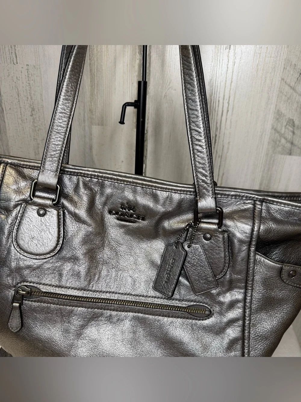 Coach Mickie Metallic Leather Tote Bag 2015 34039 - Gunmetal Hardware